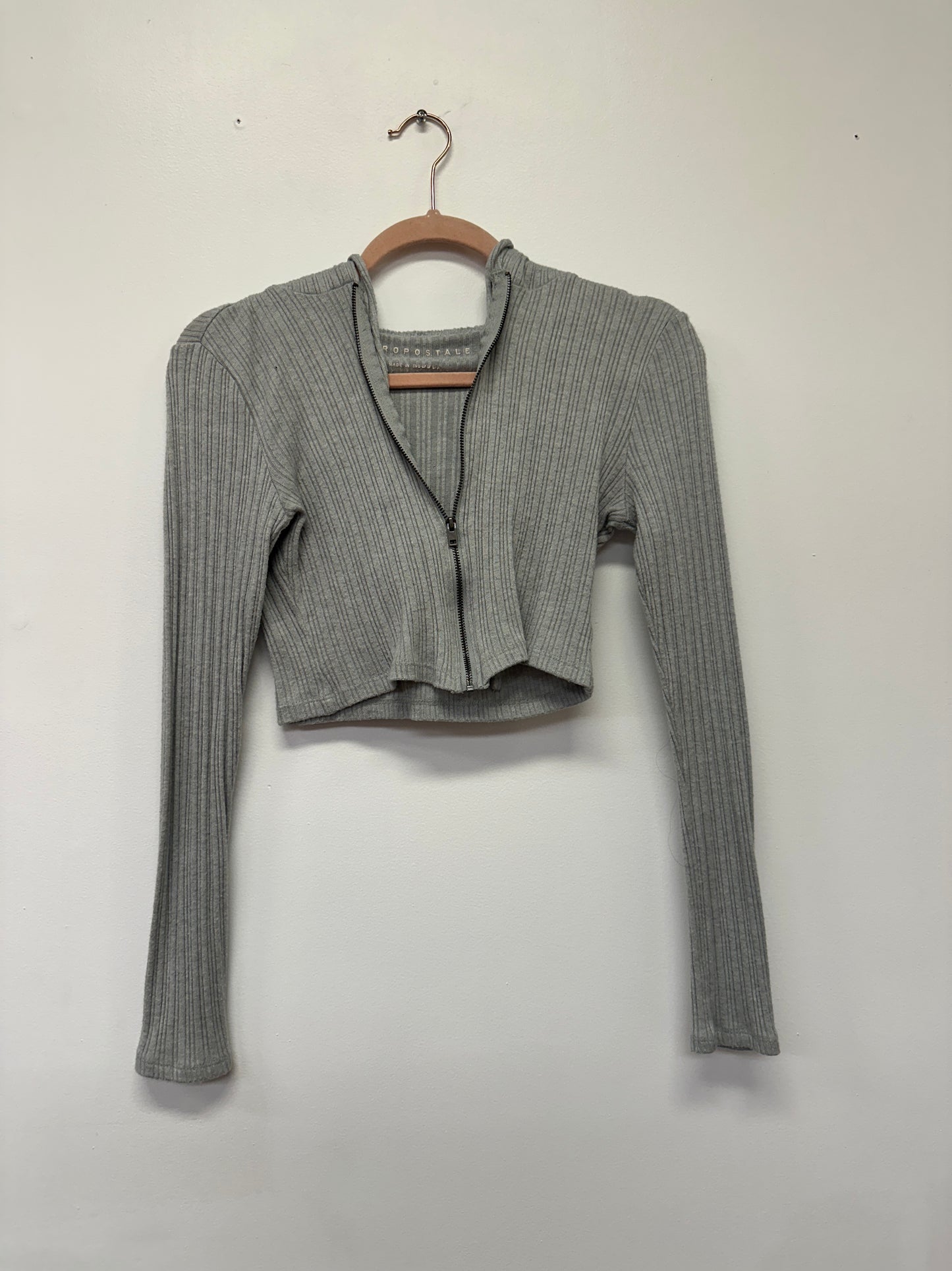 Grey Ribbed Zip Crop Top