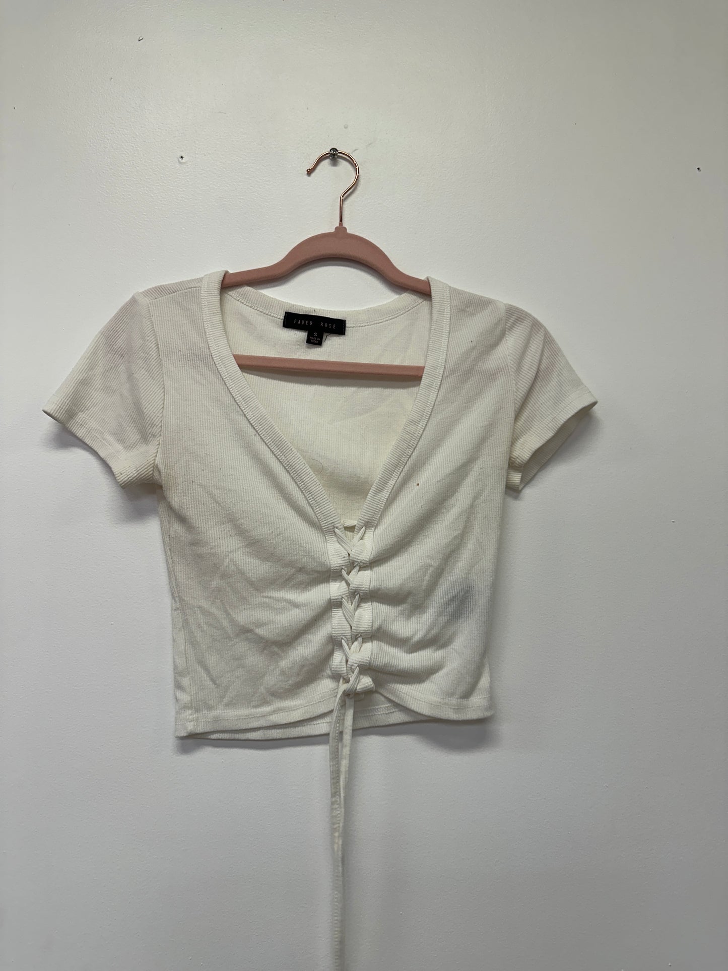 Cream Lace Up Ribbed Top