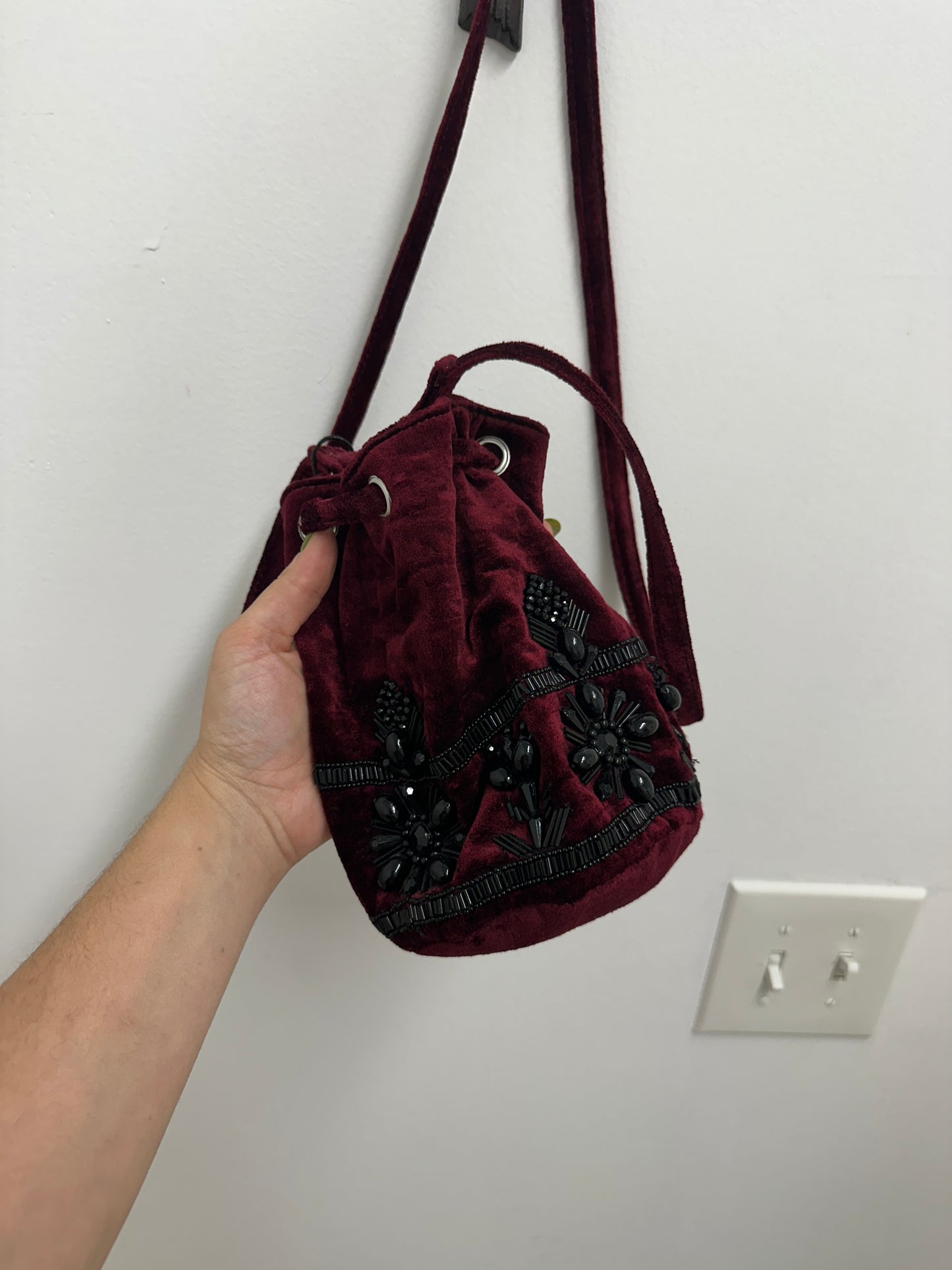Steve Madden Wine Velvet Beaded Bucket Bag NWT
