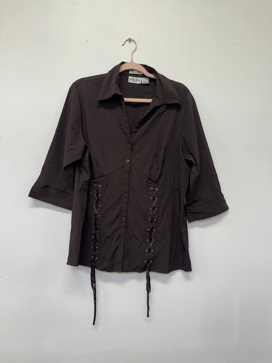 Brown Lace-Up Corset Detail Blouse