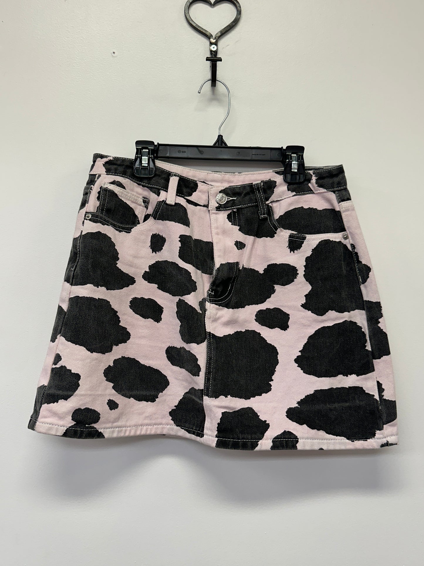 Cow Print Denim Mini Skirt Pink Black Medium